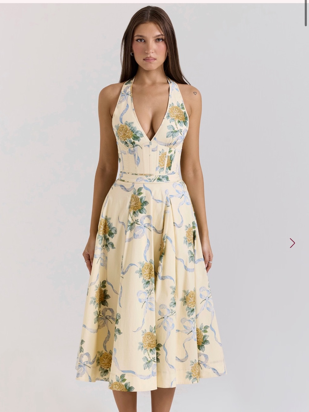 House of CB ALLENA Lemon Ribbon Stretch Cotton Halter Midi Sundress Size XS